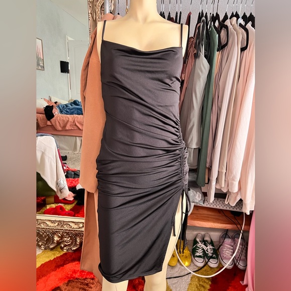 Dresses & Skirts - Black Ruched Side-Slit Slip Dress - Women